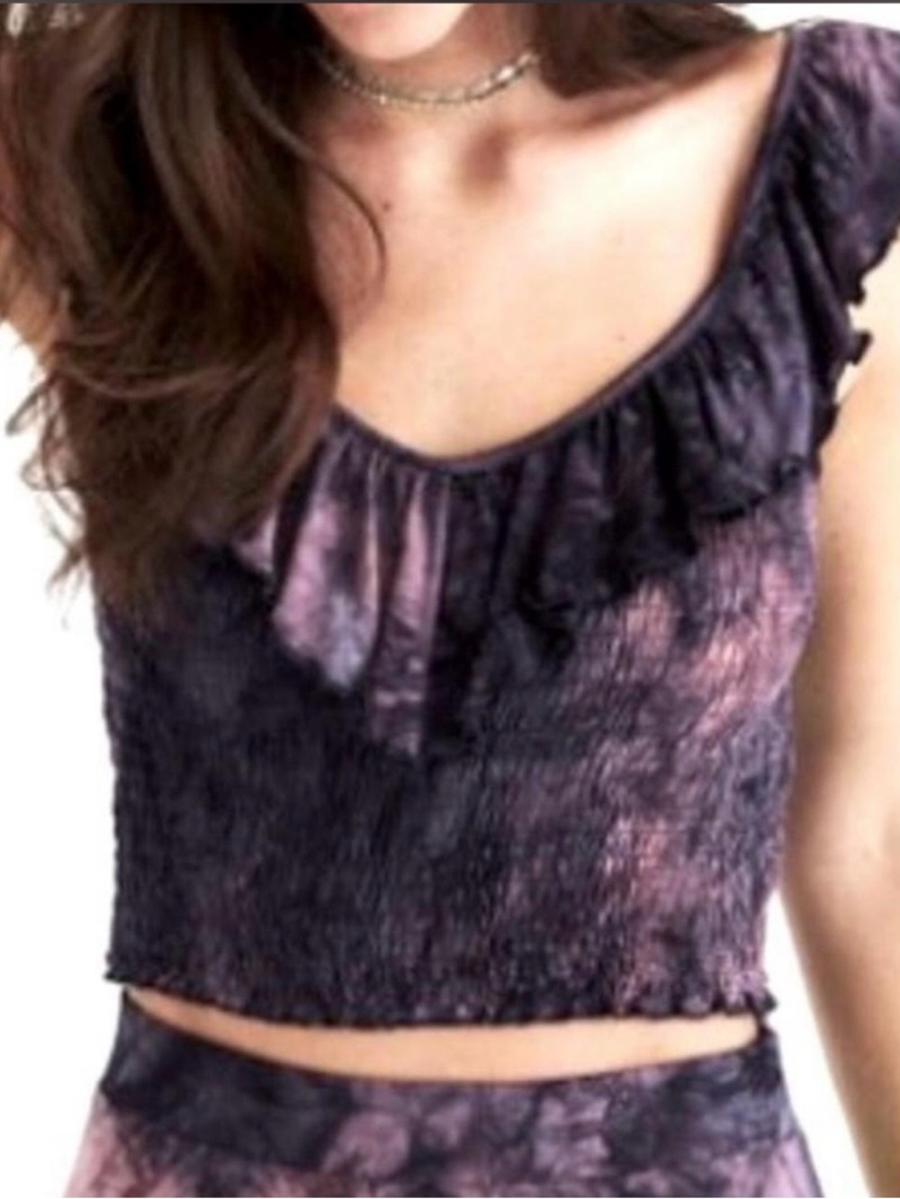 AE Soft & Sexy Ruffle Crop Top Smocked Purple Tie Dye Boho Small